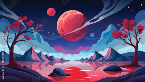 A surreal landscape featuring a giant planet and celestial trees under a vibrant sky.