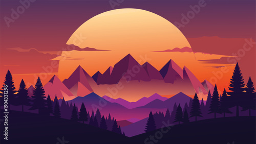 Majestic mountains under a vibrant sunset moon glow with dense forest scenery