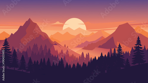 Majestic mountains at twilight with a glowing moon and serene forest below