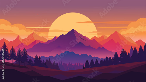 Serene sunset over majestic mountain peaks and verdant forest