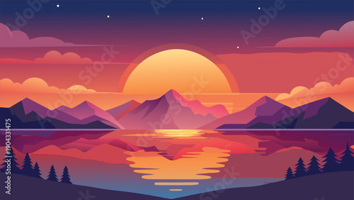 Serene sunset over a tranquil mountain lake with reflective waters