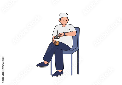 Young Muslim man patiently checking time on smartwatch, enjoying a refreshing drink