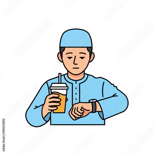 Young Muslim Man Patiently Awaiting Iftar, Checking Time on His Smartwatch While Holding a Refreshing Drink