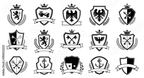 Heraldic Shields, Crests, and Emblems Set: Royal, Military, Nautical Icons