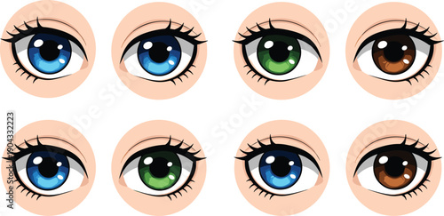 Set of colorful anime eye illustrations, various pupil colors including blue green and brown, manga style character design elements isolated.