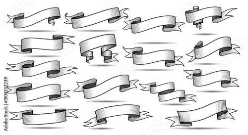 Hand-drawn ribbon banners set, sketch style, isolated on white background