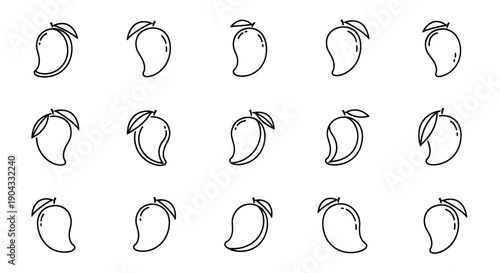 Mango Icons Set, Simple Outline Fruit Graphics, Tropical Food Elements