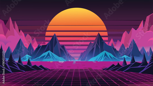 Cyberpunk landscape under a vibrant sunset with futuristic geometric structures Vector