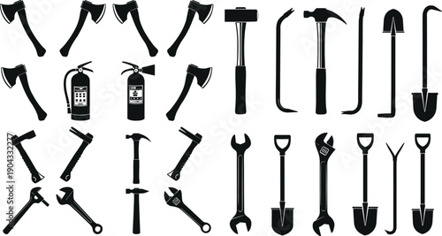 Set of construction and emergency tool silhouettes including axes, hammers, shovels, wrenches, and fire extinguishers on a white background, isolated.