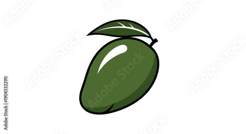 Single Green Mango Fruit with Leaf on White Background, Fresh and Tropical