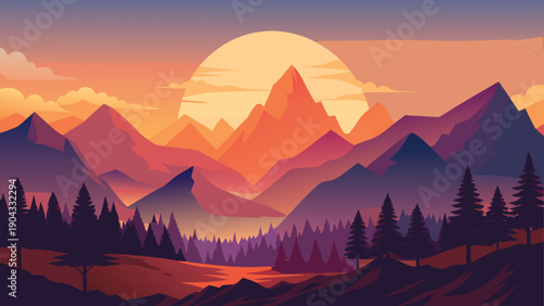 Sunset over serene mountain range with scattered pine trees and calm lake reflection Vector