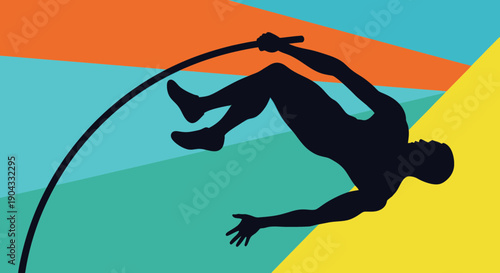 Silhouette pole vaulter leaping over abstract colorful background, athletic achievement