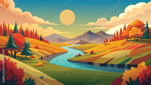 Serene landscape with river and vibrant autumnal colors under a bright sky Vector