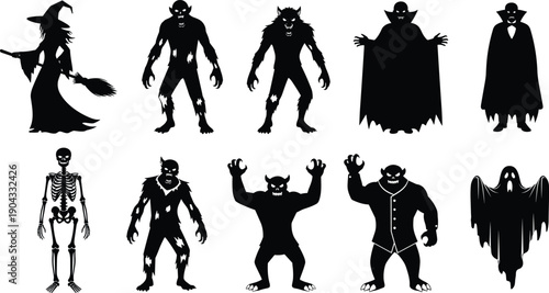 Set of Halloween Monster Silhouettes, Spooky Creature Icons Including Vampire, Witch, Werewolf, Ghost, and Skeleton for Scary Party Decor, Holiday Vector Illustration