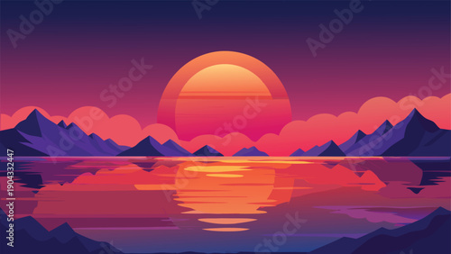 Serene sunset over tranquil mountain peaks and calm waters