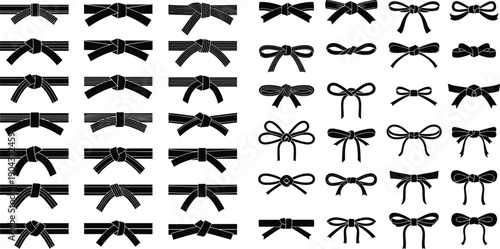 Set of Martial Arts Black Belt Silhouettes and Decorative Ribbon Bow Icons, Karate Rank Symbols, Gift Wrap Knots, Vector Illustration Elements