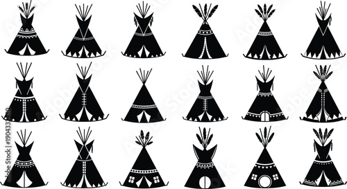 Set of Native American Teepee Silhouettes, Tribal Wigwam Icons with Feathers and Patterns, Indigenous Tent Symbols for Camping and Cultural Design