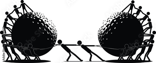 Teamwork Concept of People Pushing and Pulling Large Spheres, Collaboration and Unity Illustration for Business Success, Partnership Achievement, and Strength Vector