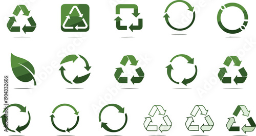 Recycling icon set, sustainability symbol illustration, eco-friendly design artwork, green conservation graphic, environmental awareness vector, reuse cycle motif