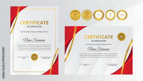 radient red luxury certificate with gold badge set For award, business, and education needs