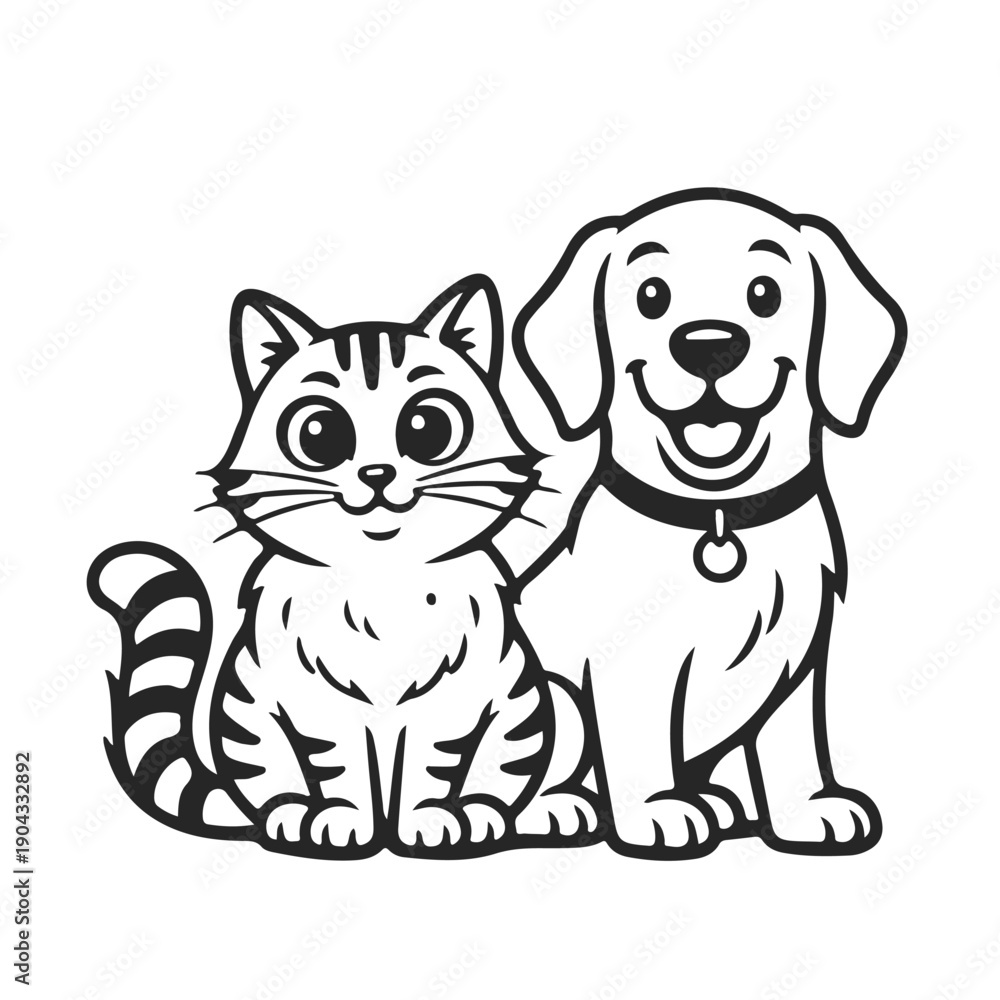 custom made wallpaper toronto digitalCute cartoon dog and cat friends, black and white vector line art. Cute puppy, funny kitten, pet friendship, coloring book, cartoon animals. Happy characters for kids design