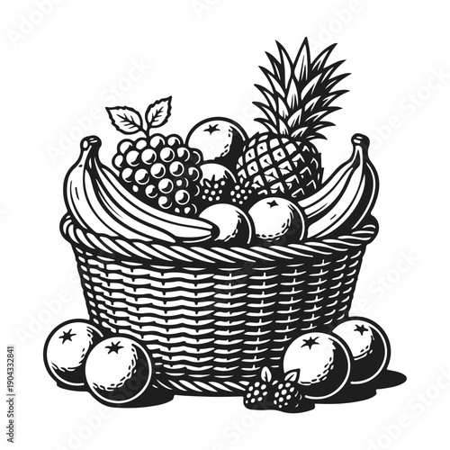 Wallpaper Mural Wicker basket with various fruits. Fruit basket, fresh harvest, natural products, tropical pineapple. Black and white vector art Torontodigital.ca