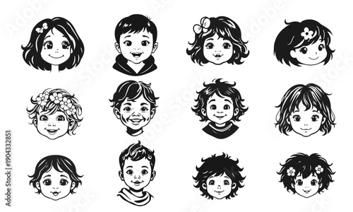 Wallpaper Mural Set of twelve cute children faces, black and white vector icons. Cute child, cartoon face, happy kid, vector character, boy girl. Joyful expressions for avatars and kids design Torontodigital.ca