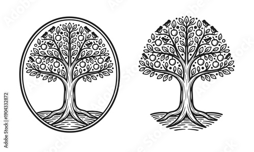 Wallpaper Mural Two stylized apple trees with birds and roots in engraving style. Apple tree, nature logo, tree silhouette, life tree, garden icon. Black and white vector art for design Torontodigital.ca