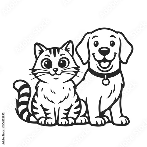 Wallpaper Mural Cute cartoon dog and cat friends, black and white vector line art. Cute puppy, funny kitten, pet friendship, coloring book, cartoon animals. Happy characters for kids design Torontodigital.ca