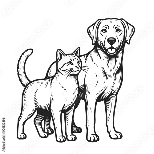 Wallpaper Mural Standing dog and cat in engraving style. Pet friends, domestic animals, dog cat, vector illustration, line art. Black and white characters for veterinary design Torontodigital.ca