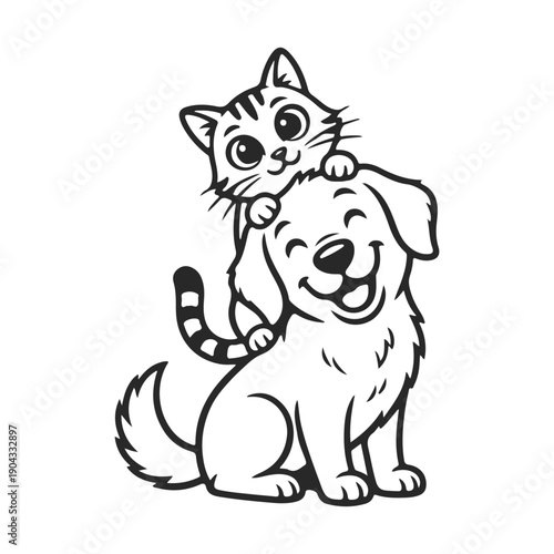 Wallpaper Mural Cute cartoon dog and cat friends, black and white vector line art. Cute puppy, funny kitten, pet friendship, coloring book, cartoon animals. Happy characters for kids design Torontodigital.ca