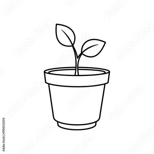 Simple line drawing of a small plant seedling in a pot on white background
