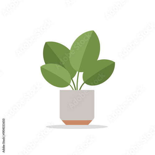 Flat design potted plant with green leaves in a grey pot on white background