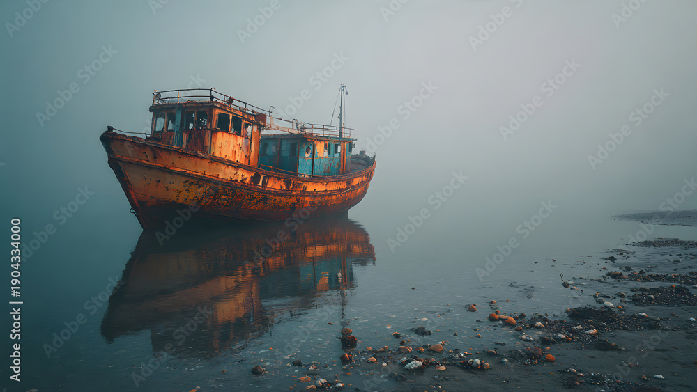 Fototapeta premium Dramatic Rusty Shipwreck Stranded on a Deserted Sandy Beach