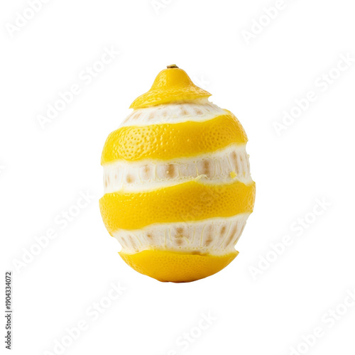 Lemon with partially peeled spiral zest isolated On Transparent Background