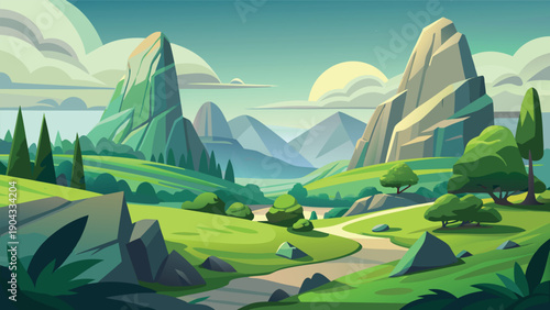 Serene mountain landscape with rolling green hills and misty peaks in the distance Vector
