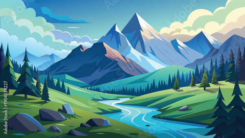 Serene mountain landscape with crystal clear river and lush forests beneath a vibrant sky Vector