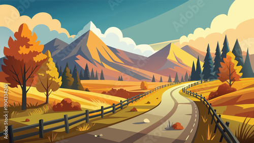 A serene winding road through a picturesque autumn landscape with distant mountains Vector