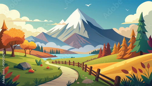 Scenic mountain village surrounded by autumnal forests and winding paths Vector
