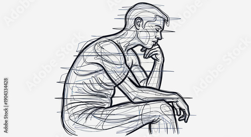 Man Sitting in Thoughtful Pose, Sketch Illustration, Deep Contemplation