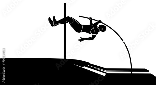 Silhouette of pole vaulter mid-air, achieving height, athletic jump, sports