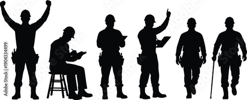 Construction worker silhouette set, labor role illustration, industrial job artwork, teamwork graphic design, occupational lifestyle vector, black and white symbol pack