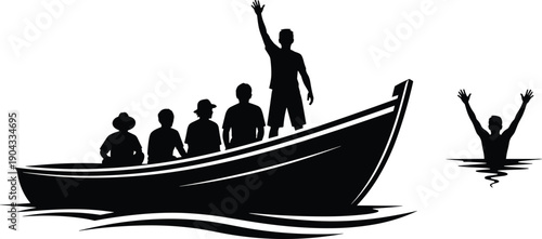 Boat rescue silhouettes, people overboard help, survival concept, water emergency scene, teamwork, isolated, white background, safety