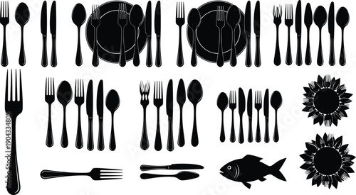 Dining utensil silhouette set with forks, knives, spoons, plates, napkins, sunflower decoration, fish symbol, vector illustration, editable, isolated graphic