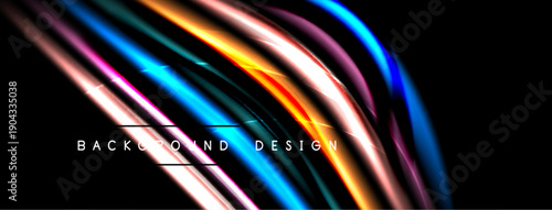Abstract lines create vibrant, flowing shapes against dark background. Colors blend, forming dynamic visual experience. Modern design element.