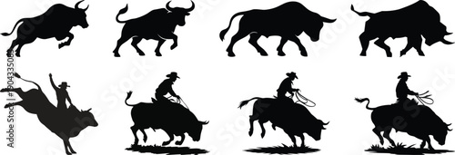 Bull head logo icon set. Bullhead silhouette long horn vector template.Bull and cow silhouette vector collection with running bull and standing cow illustration set isolated design and decoration.