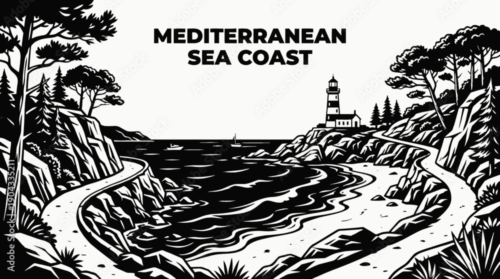 Fototapeta premium Mediterranean Sea Coast Sea Beach Coastal Landscape Scenic Nature Travel Tourism Destination Geography Seascape Shoreline Water Horizon Outdoor Vacation Paradise Natural Attraction Europe