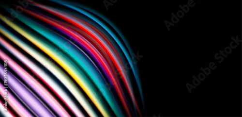Colorful curved lines dominate upper left corner. Black background provides strong contrast. Modern abstract design evokes movement, energy.