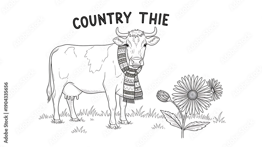 Fototapeta premium Cow with scarf standing in field with flowers isolated on a transparent background