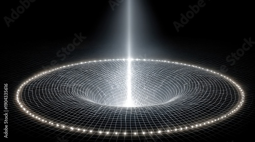 Glowing White Beam Descending Into Circular Grid Vortex on Dark Background